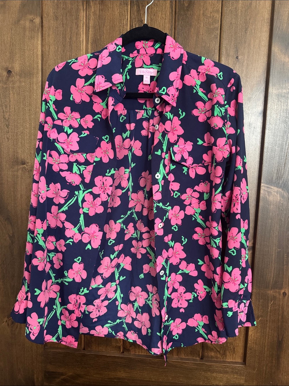 Lilly Pulitzer Navy Blouse with Pink Flowers & Green Leaves - Picture 1 of 3